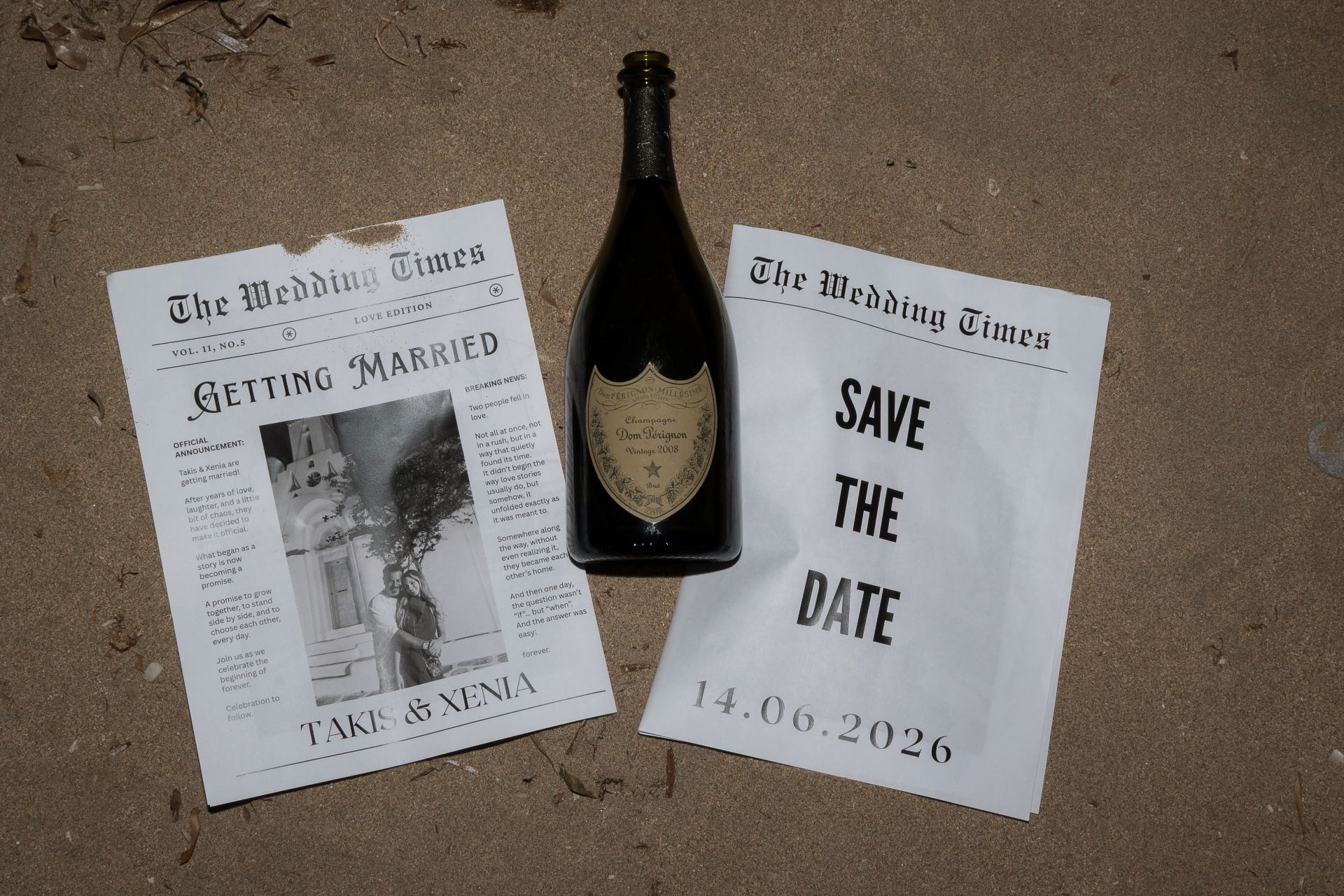 Save the date wedding newspaper with champagne